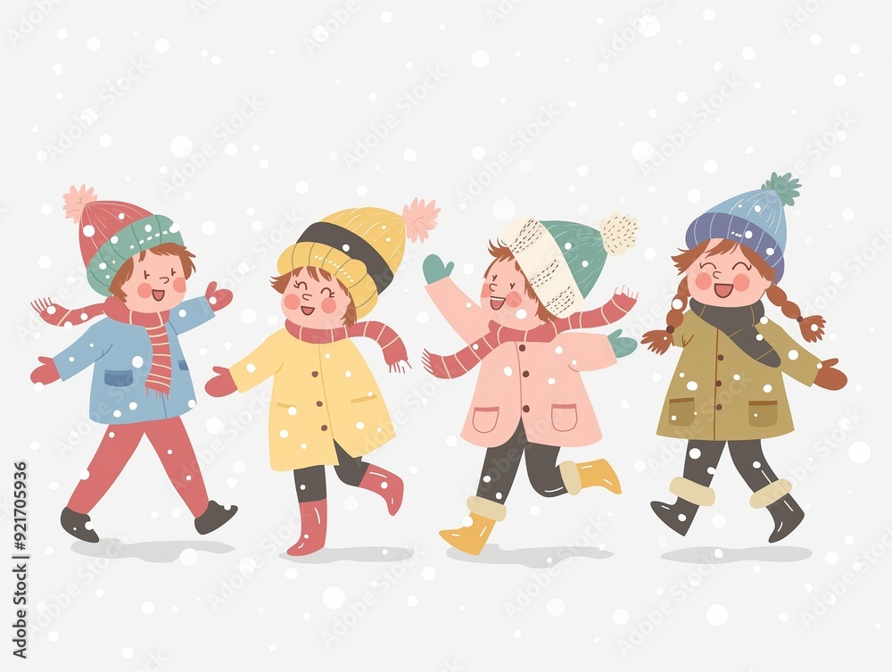 Happy children play snow watercolor illustration isolated on white. AI generated Happy children play snow watercolor illustration isolated on white. AI generated