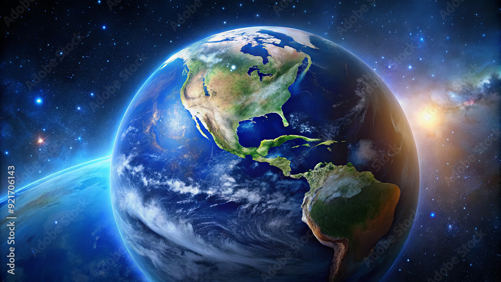 Fototapeta premium Earth appears vibrant with continents and swirling clouds against a backdrop of stars and cosmic light