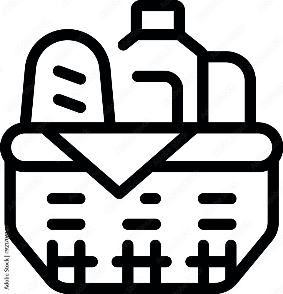 Simple basket full of food, including a bottle of milk and a fresh loaf of bread Simple basket full of food, including a bottle of milk and a fresh loaf of bread
