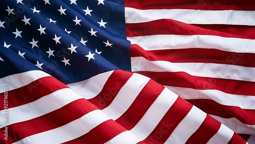 A close-up of the United States flag with its iconic stars and stripes, draped elegantly against a white background. Perfect for patriotic themes, national holidays, and American pride. photo