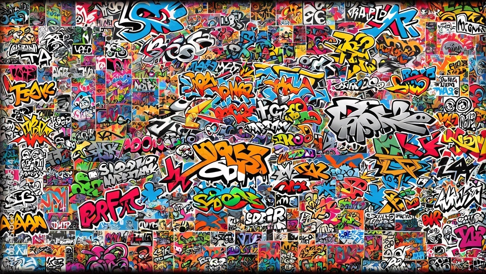 Fototapeta premium Graffiti Art Background Featuring a Collage of Different Graffiti Styles, from Classic Tags to Modern Murals: Urban Creativity