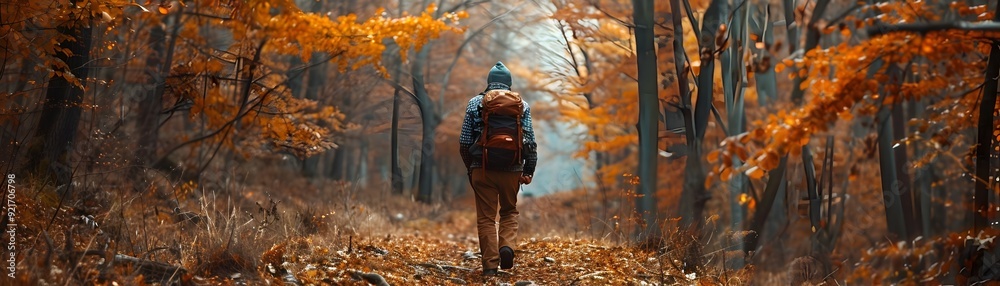 Naklejka premium Overweight Hiker Trekking Through Vibrant Autumn Forest Trail