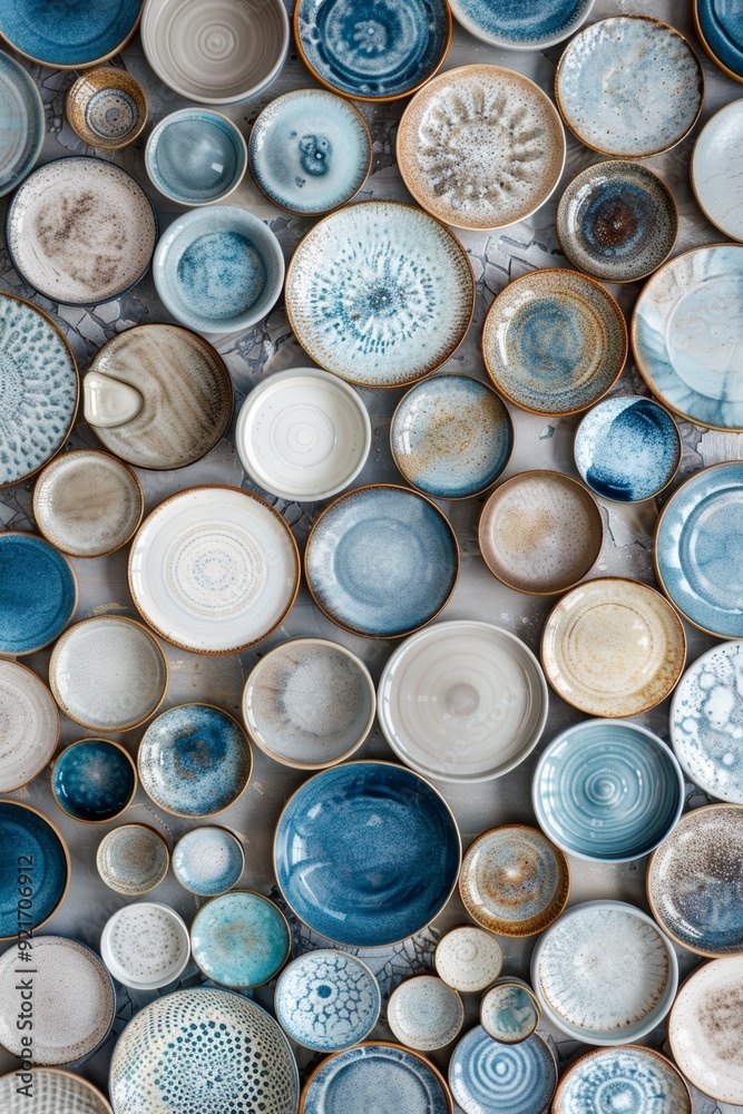 Aerial view of ceramic tableware with plates in light blue, navy blue, brown, and white, featuring multiple patterns and sizes on a clean white background. Aerial view of ceramic tableware with plates in light blue, navy blue, brown, and white, featuring multiple patterns and sizes on a clean white background.
