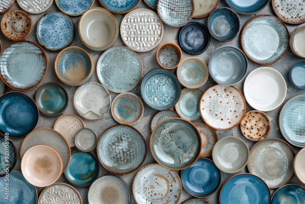 Aerial view of ceramic tableware with plates in light blue, navy blue, brown, and white, featuring multiple patterns and sizes on a clean white background. Aerial view of ceramic tableware with plates in light blue, navy blue, brown, and white, featuring multiple patterns and sizes on a clean white background.