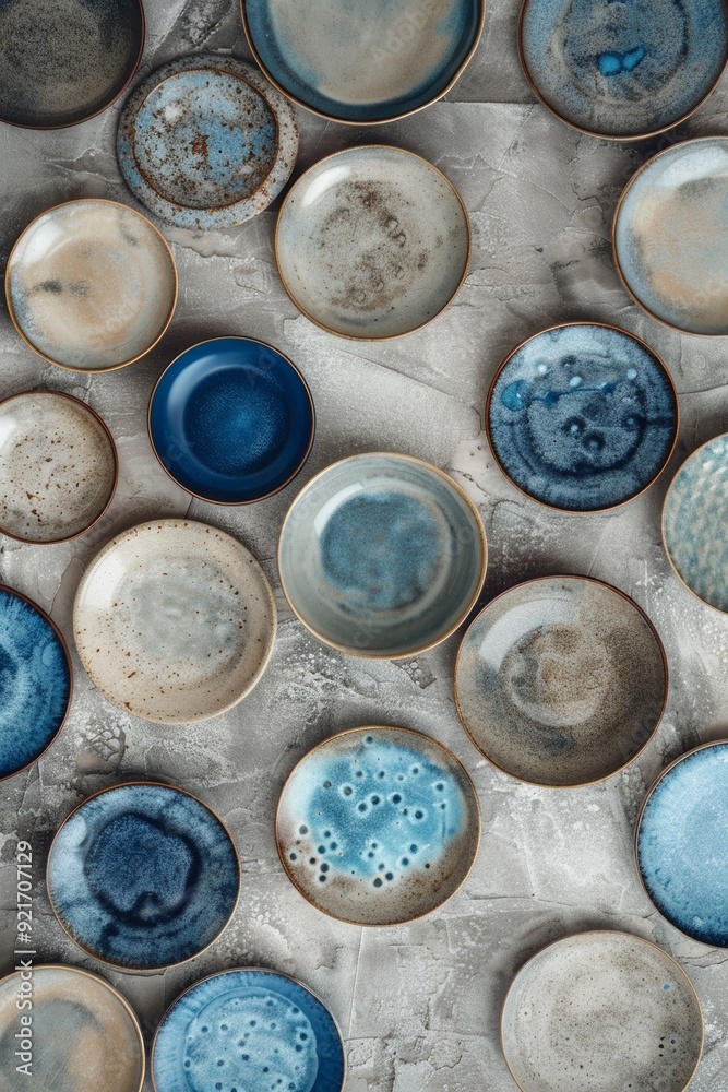 Aerial view of ceramic tableware with plates in light blue, navy blue, brown, and white, featuring multiple patterns and sizes on a clean white background. Aerial view of ceramic tableware with plates in light blue, navy blue, brown, and white, featuring multiple patterns and sizes on a clean white background.