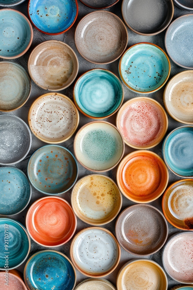 Aerial view of ceramic tableware with plates in light blue, navy blue, brown, and white, featuring multiple patterns and sizes on a clean white background. Aerial view of ceramic tableware with plates in light blue, navy blue, brown, and white, featuring multiple patterns and sizes on a clean white background.