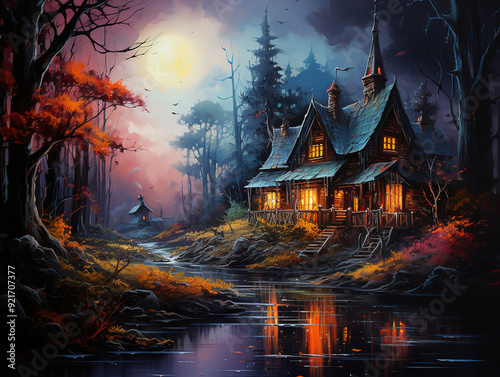 Awesome Halloween cabin in the wood background