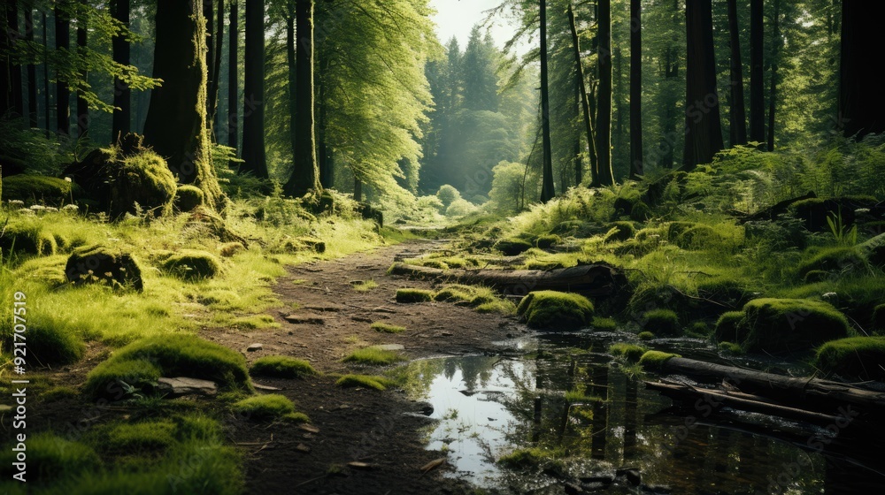 Fototapeta premium Beautiful green summer forest. Spring background, backdrop 