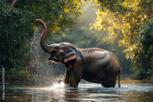 A majestic elephant playfully splashing water in the river 