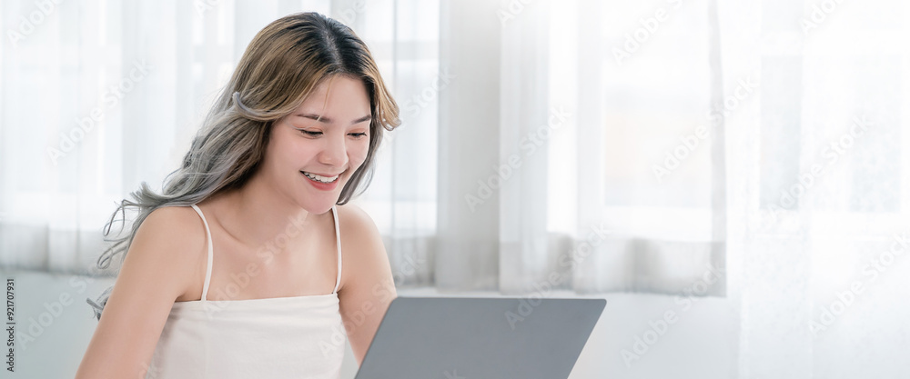 Portrait of beautiful asian woman work from home at online computer desktop in bed. Beauty Asia freelancer girl using laptop in bed room. Small business sme digital network, technology. Portrait of beautiful asian woman work from home at online computer desktop in bed. Beauty Asia freelancer girl using laptop in bed room. Small business sme digital network, technology.