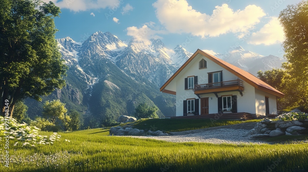 Beautiful house with high mountain background during the day, Beautiful house with high mountain background during the day,
