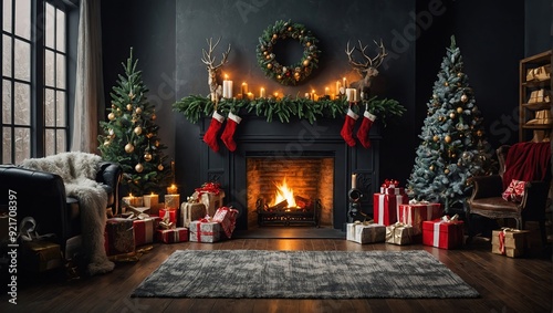Fireplace Room Christmas Digital Backdrop tree stockings presents christmas tree cozy photography background props studio overlay new year 