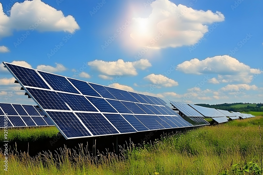 Solar power plant - concept for electricity and ecological industry. High energy prices. Beautiful landscape and sunny day with blue sky. Photovoltaic power plant