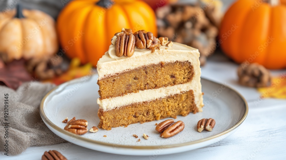 Delicious pumpkin layer cake with cream cheese frosting served on a plate surrounded by pumpkins and autumn decor. Delicious pumpkin layer cake with cream cheese frosting served on a plate surrounded by pumpkins and autumn decor.