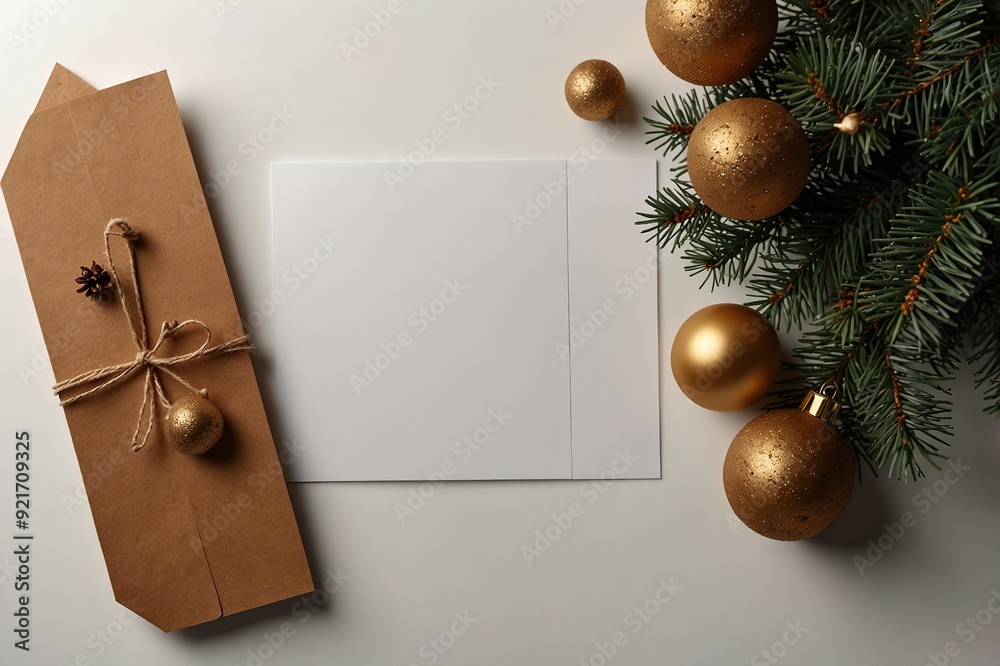 Fototapeta premium Flat lay composition with Christmas decor and blank card on white background. Space for text
