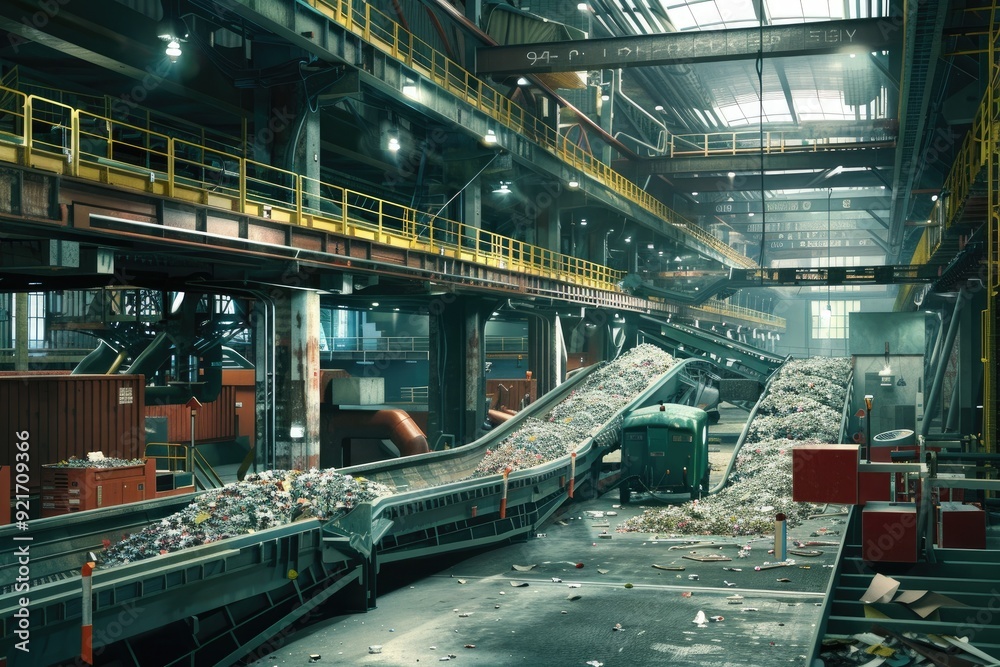 Fototapeta premium Industrial Conveyor System Transporting Crushed Aluminum Cans