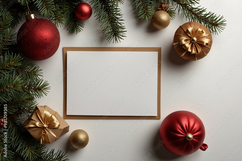 Flat lay composition with Christmas decor and blank card on white background. Space for text Flat lay composition with Christmas decor and blank card on white background. Space for text