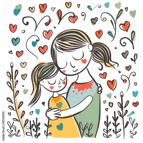 Mother and daughter Hand drawn line art style with colorful hearts and floral leaf, cartoon illustration on a white background