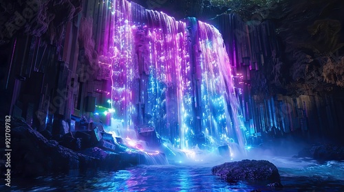 Neon Waterfall Fantasy: Black Rock Cliff Cascading with Glowing Particles and Product Display Platform