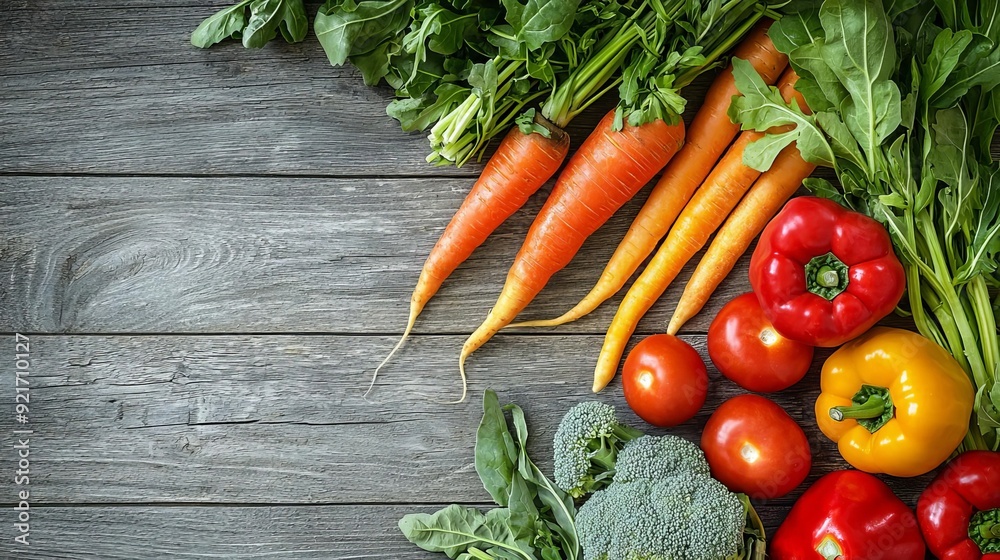 Freshly harvested organic vegetables on rustic wooden table, natural food, healthy eating Freshly harvested organic vegetables on rustic wooden table, natural food, healthy eating