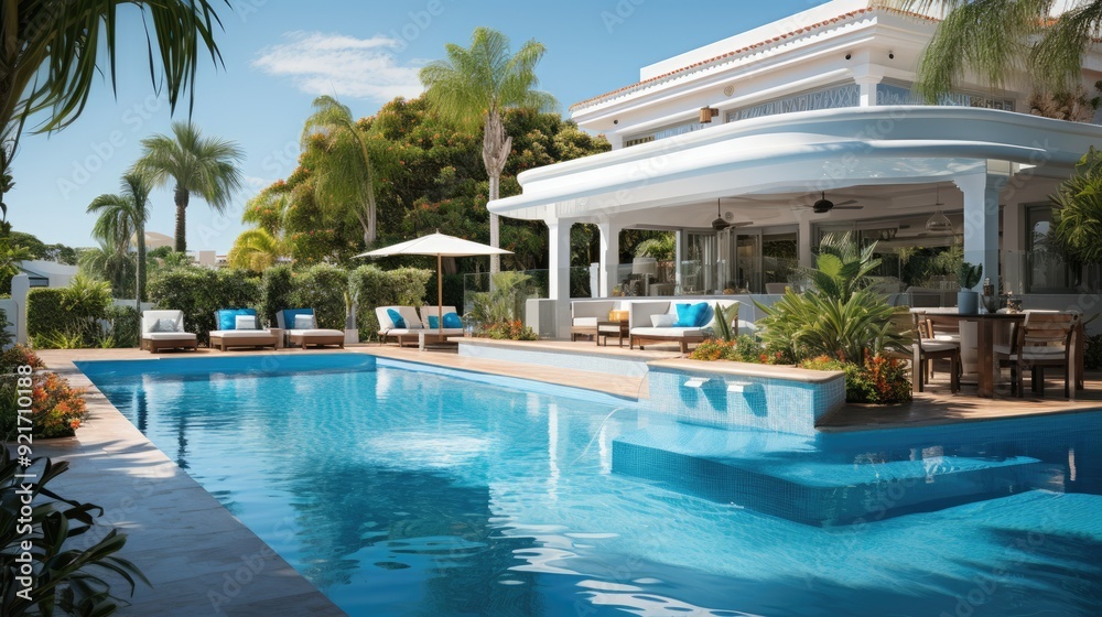 Fototapeta premium Beautiful home exterior and large swimming pool on sunny day with blue sky.