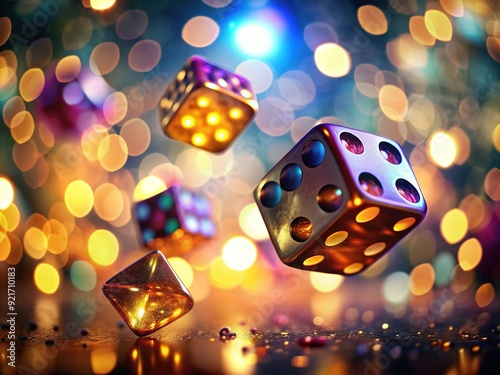 Vibrant floating dice suspended in mid-air against a radiant glowing light backdrop, surrounded by artistic bokeh, evoking a sense of energetic chance and unpredictability. photo