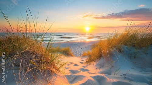 A Path Through Sand Dunes Leads to a Sunset Over the Ocean.