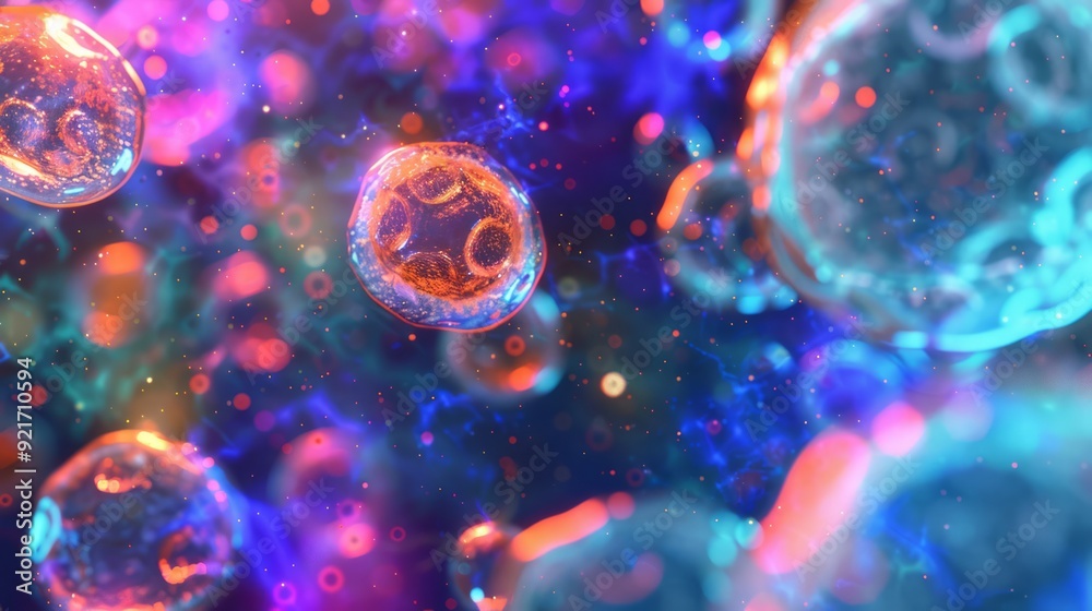Microscopic view of a healthy human cell in bright colors, demonstrating the positive effects of vitamins on cell health. The cells are illuminated, symbolizing nutrition and vitality. Microscopic view of a healthy human cell in bright colors, demonstrating the positive effects of vitamins on cell health. The cells are illuminated, symbolizing nutrition and vitality.