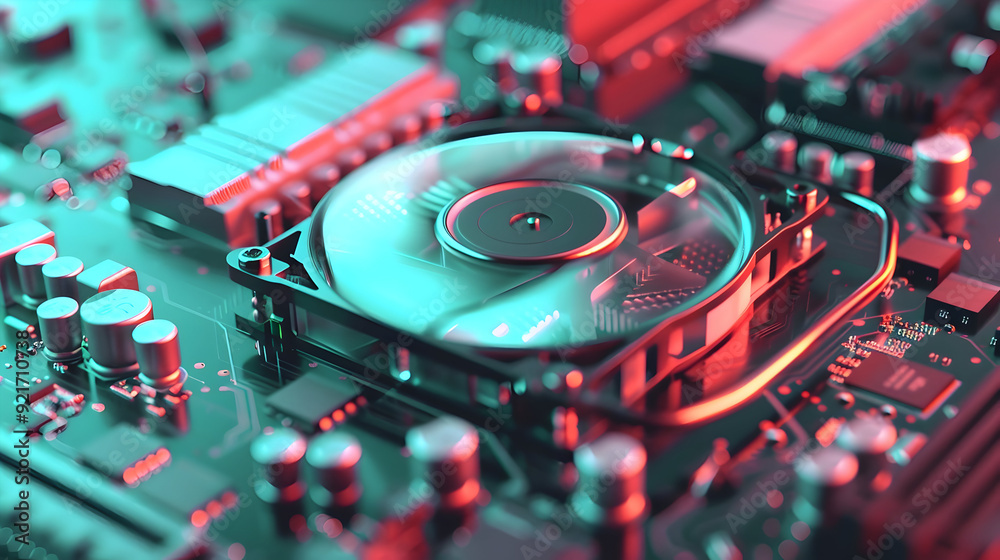 Obraz premium 3D Rendering of a Computer Motherboard with a Cooling Fan and Neon Lights