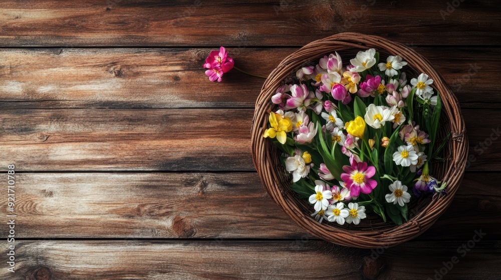 A top view of a basket filled with spring flowers on a wooden table, with ample space for text on the side. A top view of a basket filled with spring flowers on a wooden table, with ample space for text on the side.