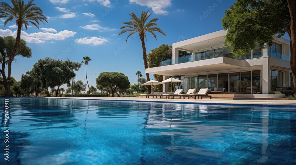 Fototapeta premium Beautiful home exterior and large swimming pool on sunny day with blue sky. 