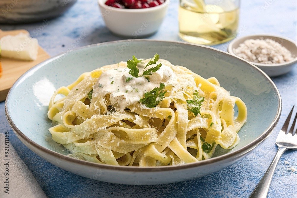 Delicious fettuccine pasta with white cheese sauce. Fettuccine pasta with Alfredo sauce Delicious fettuccine pasta with white cheese sauce. Fettuccine pasta with Alfredo sauce