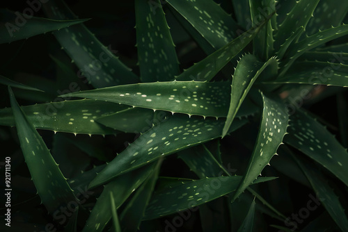 Close-Up of Green Aloe Vera Leaves, Herbal Medicine for Skin and Hair Care, Dark Moody Background. Generative AI