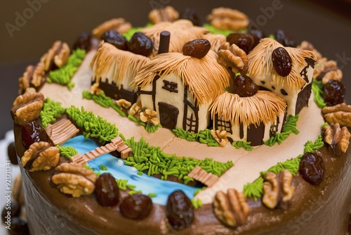 English cake topped with fondant, raisins and walnuts photo