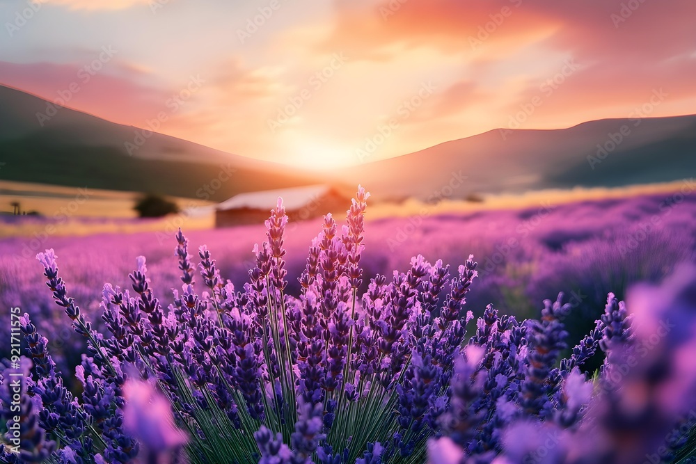 Obraz premium Beautiful landscape with lavender at sunset. Colorful nature with purple flower