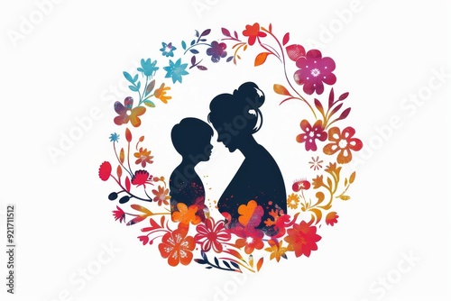 Mother and Son silhouette with colorful floral cricle shape, cartoon illustration on a white background photo