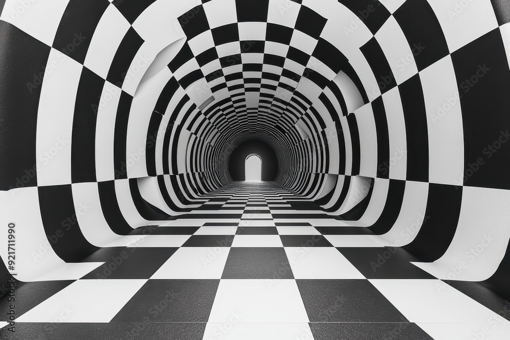 A black and white checkered tunnel with an optical illusion effect, creating the appearance of moving towards or away from the viewer in perspective. A black and white checkered tunnel with an optical illusion effect, creating the appearance of moving towards or away from the viewer in perspective.
