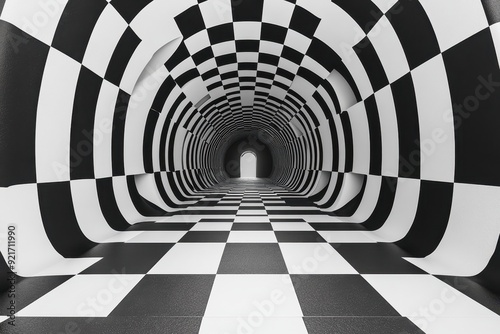 Fototapeta Naklejka Na Ścianę i Meble -  A black and white checkered tunnel with an optical illusion effect, creating the appearance of moving towards or away from the viewer in perspective. 