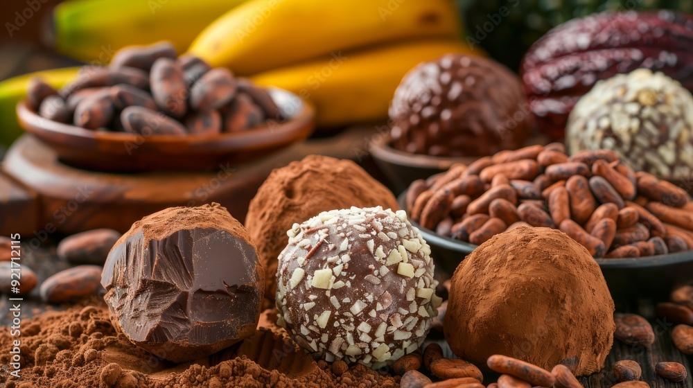 Ecuadorian fine aroma chocolate truffles with a background of cocoa fruit derivatives Ecuadorian fine aroma chocolate truffles with a background of cocoa fruit derivatives