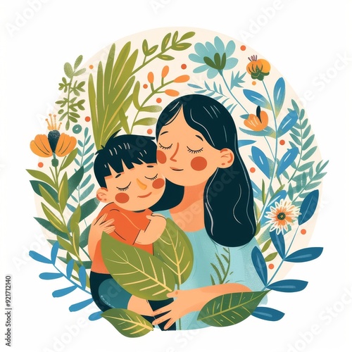 Mother and Son with abstract floral leaf circle shape, cartoon illustration on a white background