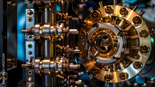 Close-up of a Complex Metal Machine with Gears and Screws - Realistic Image