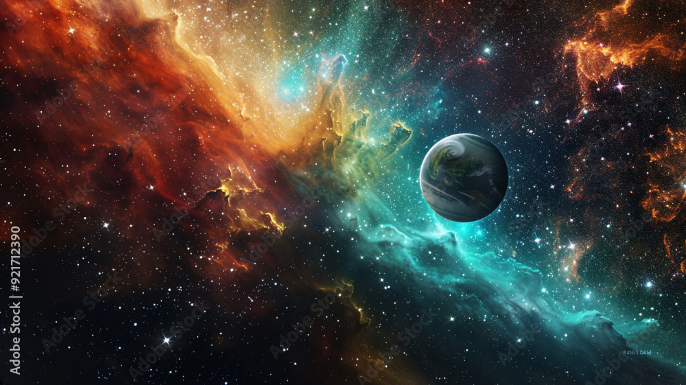 The dynamic interplay of a colorful nebula and a serene starfield, with a planet gracefully orbiting as if dancing among the cosmic lights The dynamic interplay of a colorful nebula and a serene starfield, with a planet gracefully orbiting as if dancing among the cosmic lights