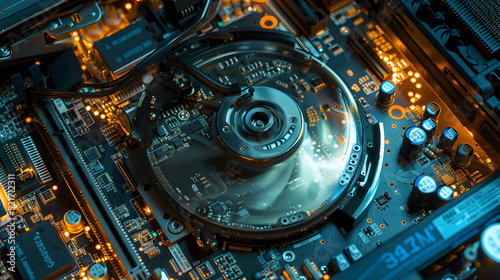 Closeup of a Hard Drive Disk with Glowing Blue and Orange Lights 3D Illustration