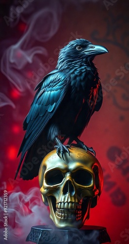 crow perched on top of a skull
