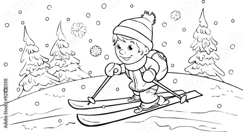 
Coloring page features a simple drawing of red yellow with baby boy & girl ice skating, designed cartoon character image for young children