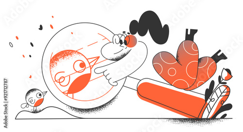 Woman using magnifying glass to search for birds