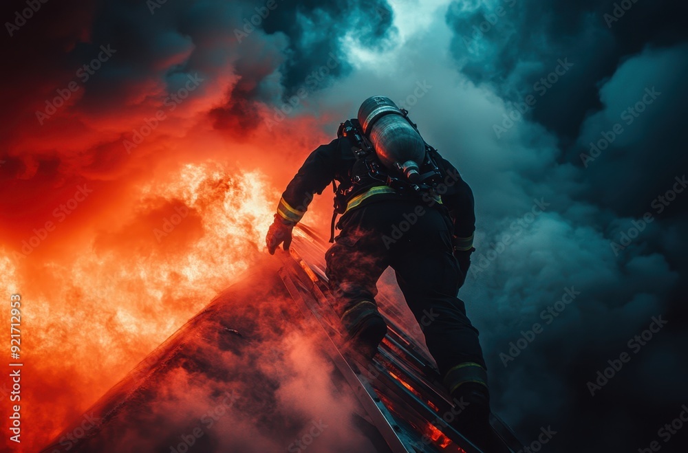 A firefighter climbing up a ladder to reach an aircraft, surrounded by smoke and flames. High contrast color photography and dynamic composition create a strong perspective A firefighter climbing up a ladder to reach an aircraft, surrounded by smoke and flames. High contrast color photography and dynamic composition create a strong perspective