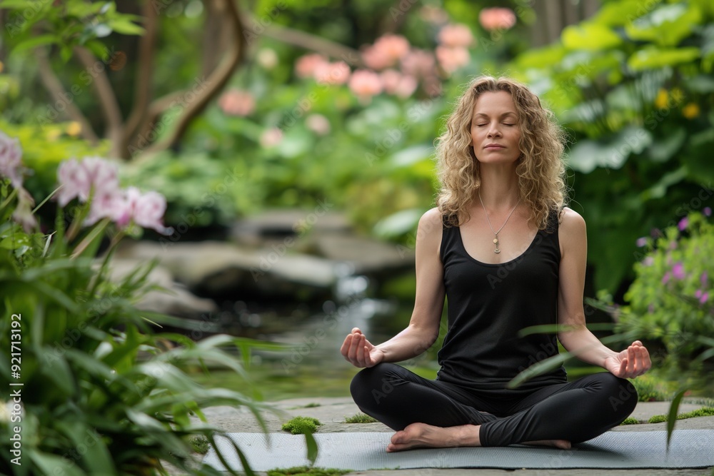 Woman meditating in a peaceful outdoor setting, surrounded by lush greenery and a tranquil stream. Woman meditating in a peaceful outdoor setting, surrounded by lush greenery and a tranquil stream.