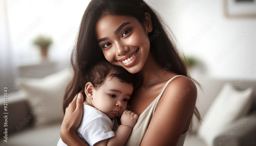 A mother lovingly cradles her baby in her arms, both smiling radiantly. A mother lovingly cradles her baby in her arms, both smiling radiantly.