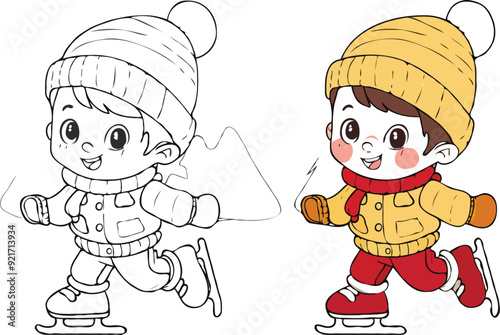 
Coloring page features a simple drawing of red yellow with baby boy & girl ice skating, designed cartoon character image for young children